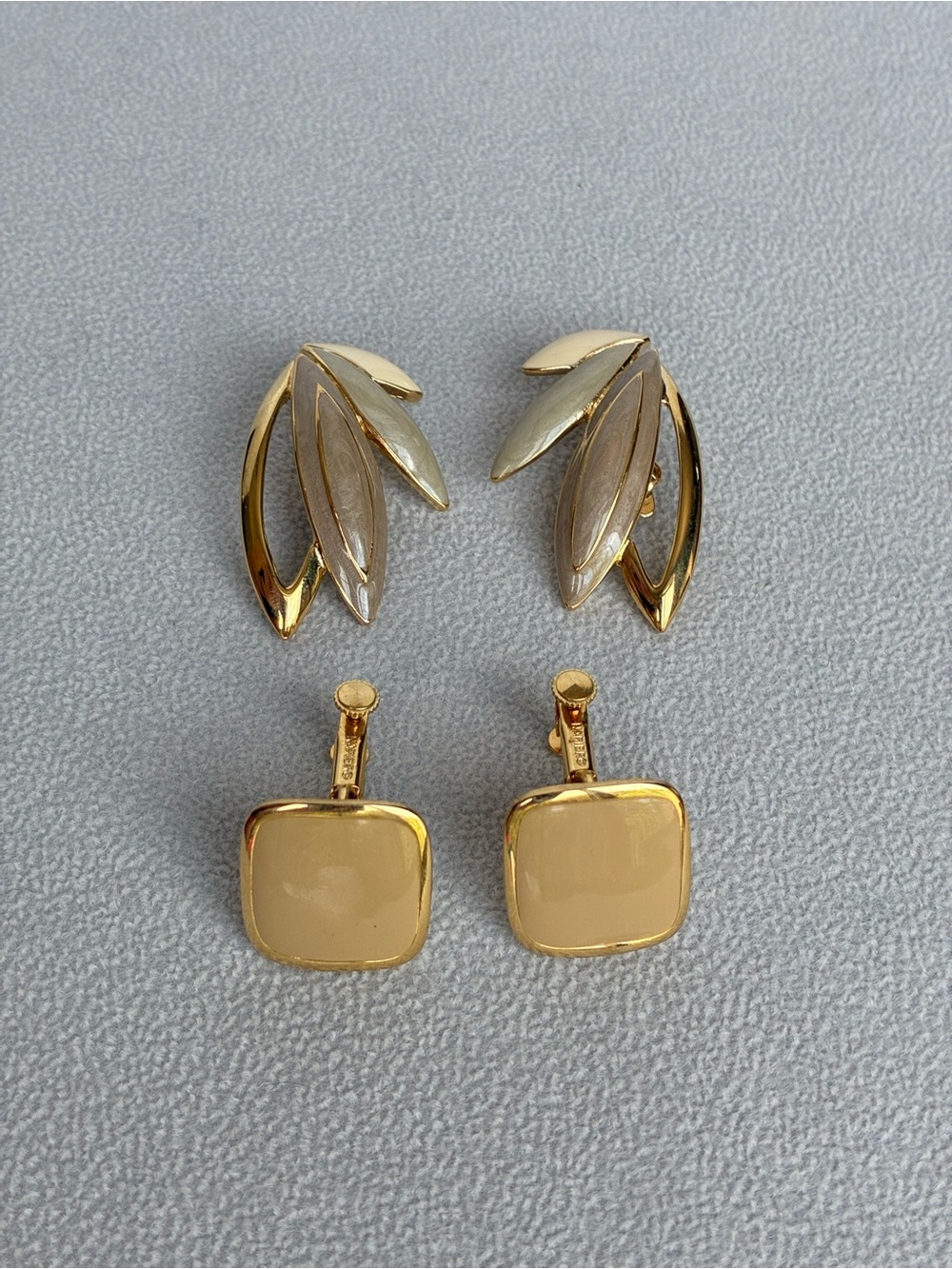 Trifari and Napier Vintage Designer Clip On Earrings, Gold Tone